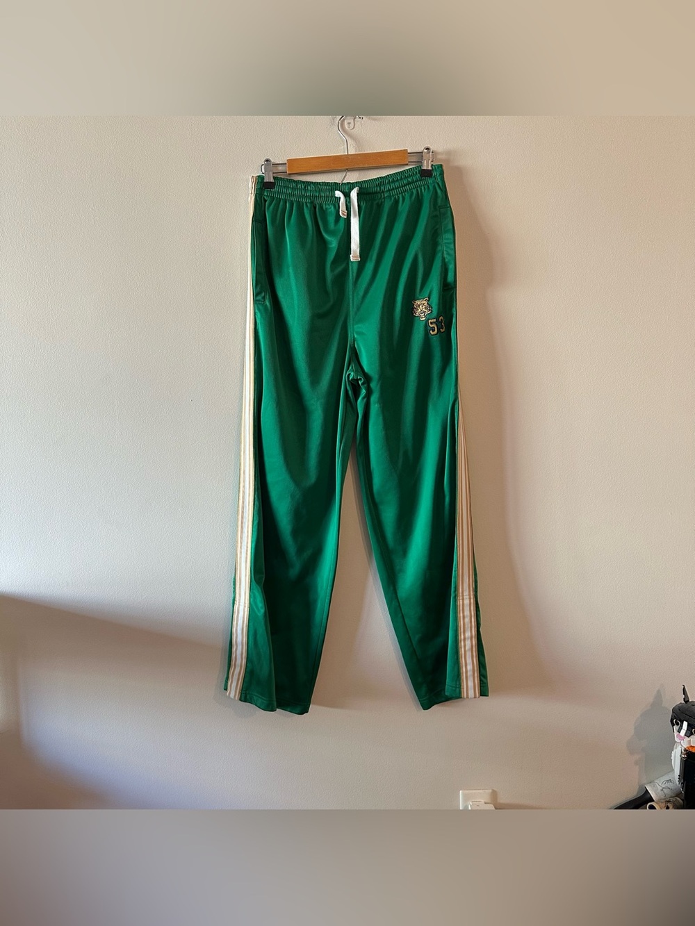 Vintage Y2K Jack Track & Field Tiger Embroidery Green Pants Snap Striped S/M